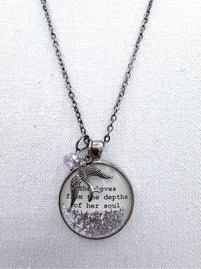 “She loves from the depth of her soul” Silver Tone  Typograph Graphic Necklace